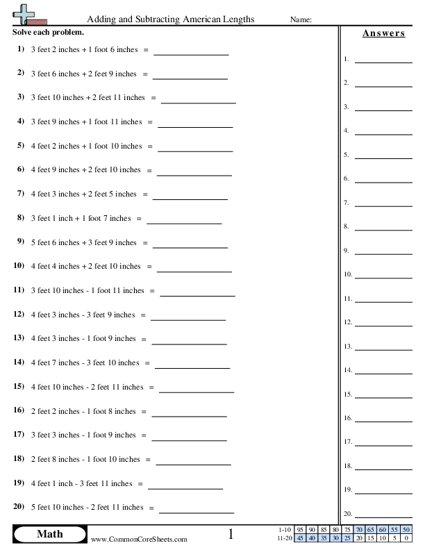 Adding and Subtracting American Lengths worksheet